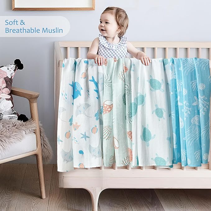 Muslin Swaddle Blankets for Newborn, 4 Pack Large 47"x47" Soft Breathable Bamboo Cotton Baby Blanket, Lightweight Receiving Blanket for Boys and Girls, Ocean Friends