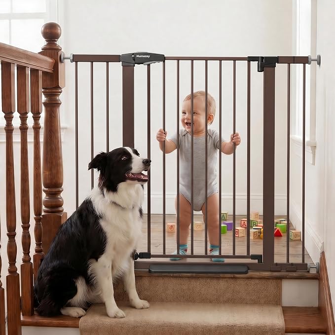 Mumeasy 36" Extra Tall Dog Gate, Auto Close Baby Gate for Stairs Doorways, 29.7-46" Wide Walk Thru Child Safety Gate for House, Easy Install Pressure Mounted Metal Pet Gate with Door, Brown
