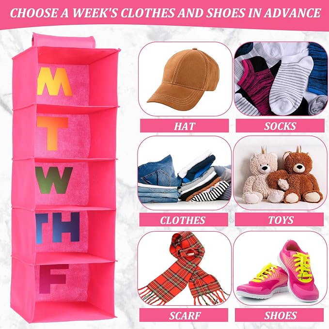 Hahafelt 2 Pcs 5 Shelf Weekly Clothes Organizer for Kids Hanging Closet Organizer Weekday Daily Activity Clothes Storage Days of the Week Outfit Storage for Monday Through Friday(Rose Red)