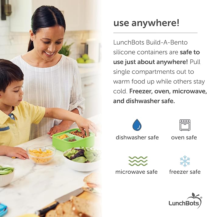 LunchBots Build -a- Bento Lunch Box, Silicone Bento Box for Kids, Multi-Compartment Lunch Container, Oven & Dishwasher Safe, BPA Free, 28 oz - Green