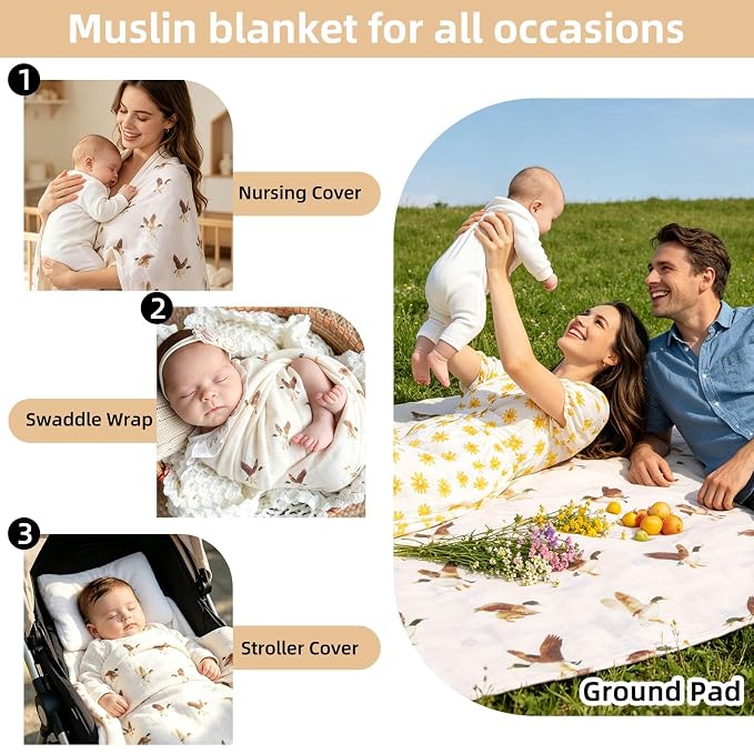 LifeTree Baby Swaddle Blankets, Boys Girls Muslin Swaddling Wrap Receiving Blanket for Newborn, 70% Viscose from Bamboo and 30% Cotton, Large 47" x 47", Duck and Coffee Checkered