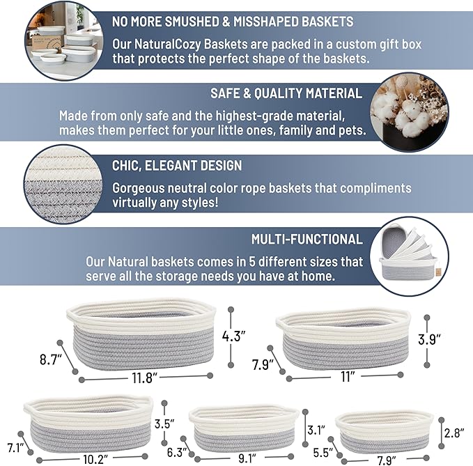 NaturalCozy 5-Piece Rectangle Storage Basket Set- Natural Cotton Rope Woven Baskets for Organizing! Small Basket for Montessori, Baby Nursery, Dog Toy Baskets, Cat Toy Box, Bathroom Organization Bin