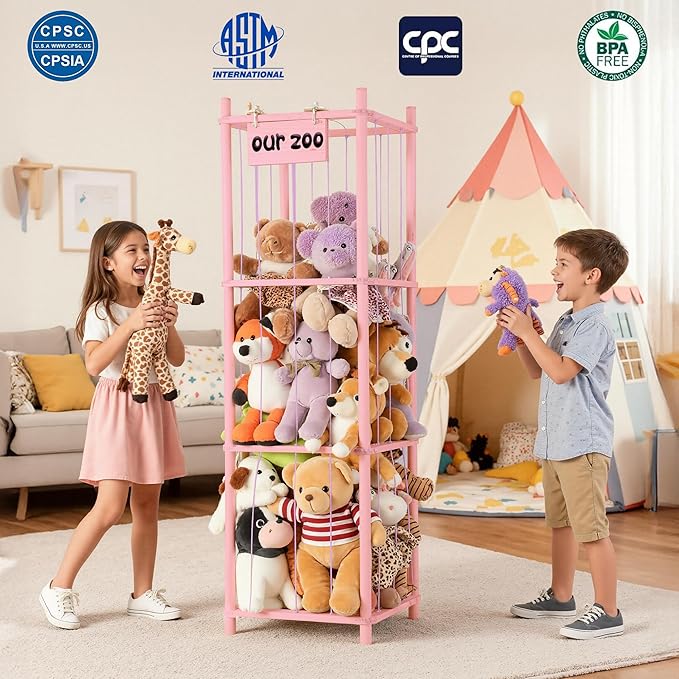 LAMU Stuffed Animal Storage, Wooden Zoo Stuffed Animal Holder with Elastic Cords, Space Save Toy Organizer, Extra Large Capacit Stuffed Animal Organizer for Playroom, Bedroom, Nursery, Pink