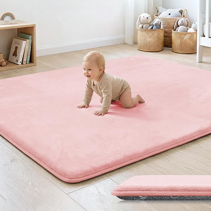 1.3" Thick Baby Floor Play Mat 79x118, Basic Padded Foam Mat for Tummy Time Gym Crawling, Non Slip Cushioned for Babies Toddlers Infants Kids (Pink)