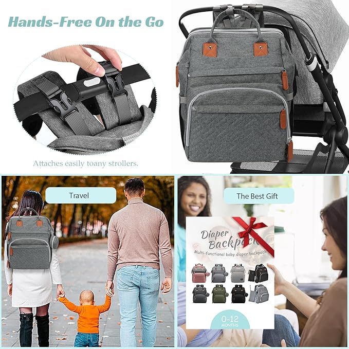 Diaper Bag Backpack for New Parents, Large Capacity Baby Travel Bag with Bottle Holders, Multiple Compartments (Grey)