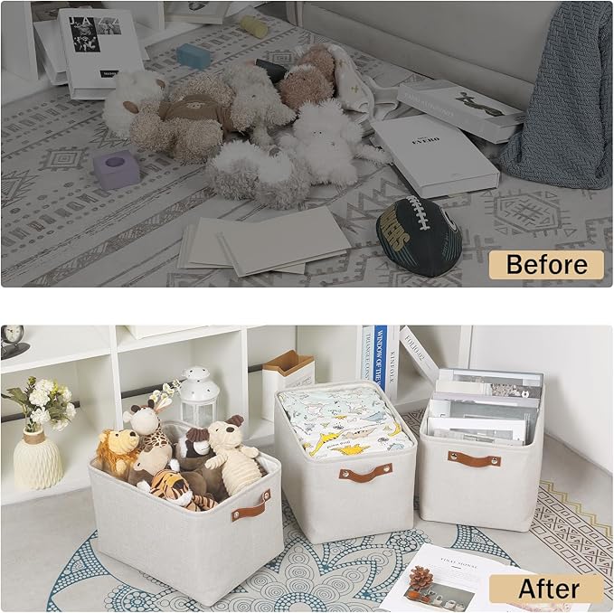 HNZIGE Large Fabric Storage Basket Organizers (3 PCS), Foldable Decorative Shelf Baskets with Leather Handles (Cream, 15" x 11" x 9.5")