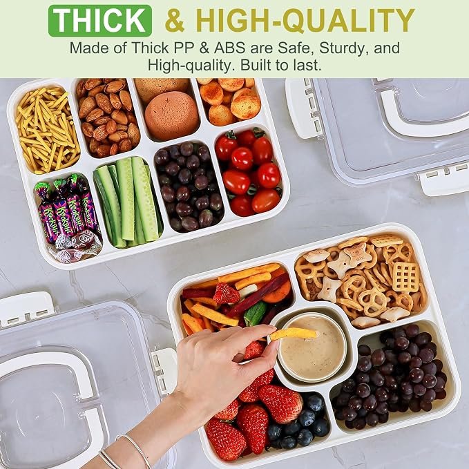 Caperci Large Portion Snackle Box Container - 5 Compartments Veggie Fruit Snack Divided Serving Tray with Lid and Dip Container for Party Picnic, Leak-Proof, Dishwasher Safe, BPA-Free (10.7 Cups)