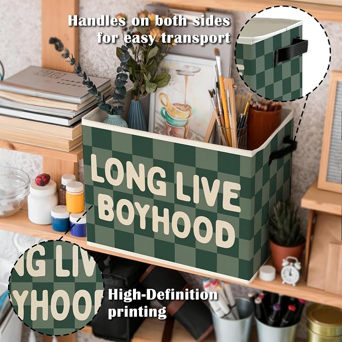 Long Live Boyhood Boys Storage Bins Box with Handles, Green Checkered Pattern Collapsible Basket Organizer for Kids Boy Nursery Room Bedroom Bathroom Playroom Toys Books Clothes