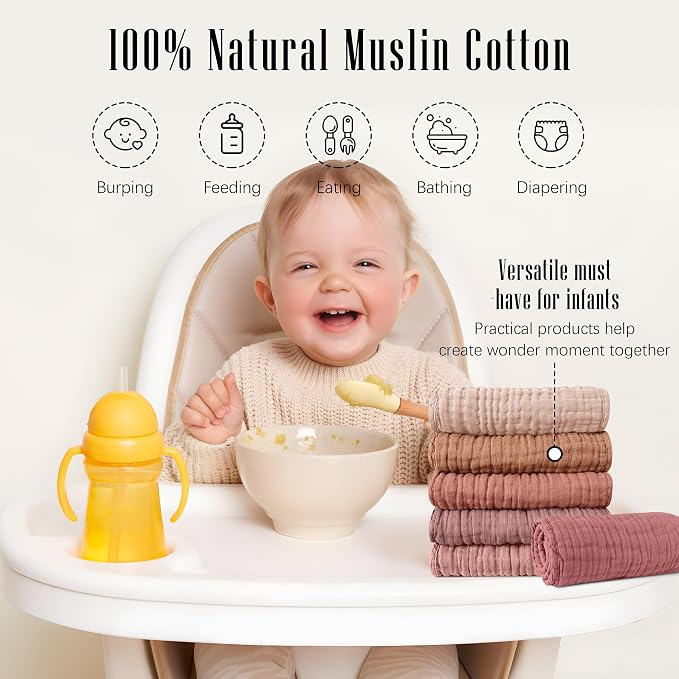 SWEET DOLPHIN 12 Pack Muslin Burp Cloths Large 100% Cotton Burping Clothes for Baby Drool - Absorbent and Soft Boys & Girls Milk Spit Up Rags for Newborn Essentials Registry - Muted Terracotta
