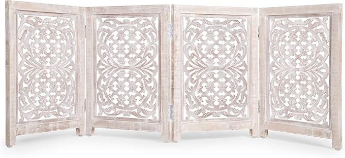 Lightnpro Foldable Carved Wooden Dog Gate with Stopper - Freestanding Indoor Pet Barrier for Home, Adjustable Dog Fence for Stairs, Doorways & Hallways - 24x18 Inch (4 Panels) White Wash