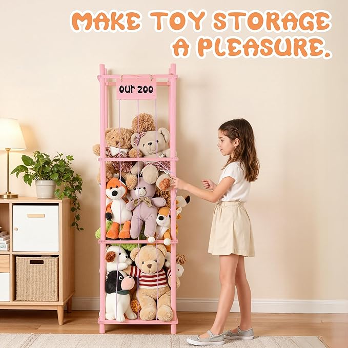 LAMU Stuffed Animal Storage, Wooden Zoo Stuffed Animal Holder with Elastic Cords, Space Save Toy Organizer, Extra Large Capacit Stuffed Animal Organizer for Playroom, Bedroom, Nursery, Pink
