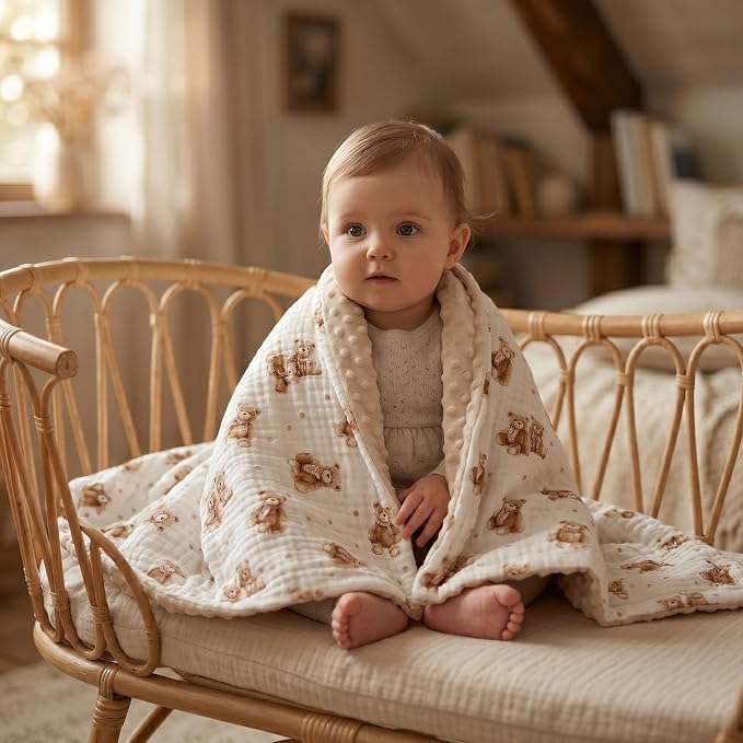 GLLQUEN BABY Blankets for Boys Girls, Soft Muslin Cotton Front Dotted Fleece Backing, Nursery Minky Crib Blanket for Infant Toddler, 30 x 40 inches Throw Blanket, Bears