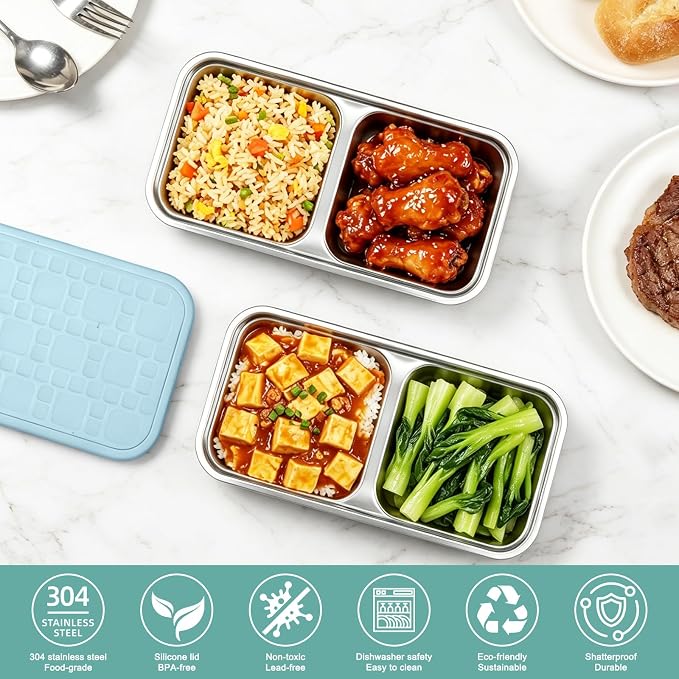 3 Pack 15 oz Stainless Steel Snack Containers for Kids | Metal Snack Box with Silicone Lids,2 Compartment Stackable Toddler Lunch Containers with Insulated Bag for School Travel