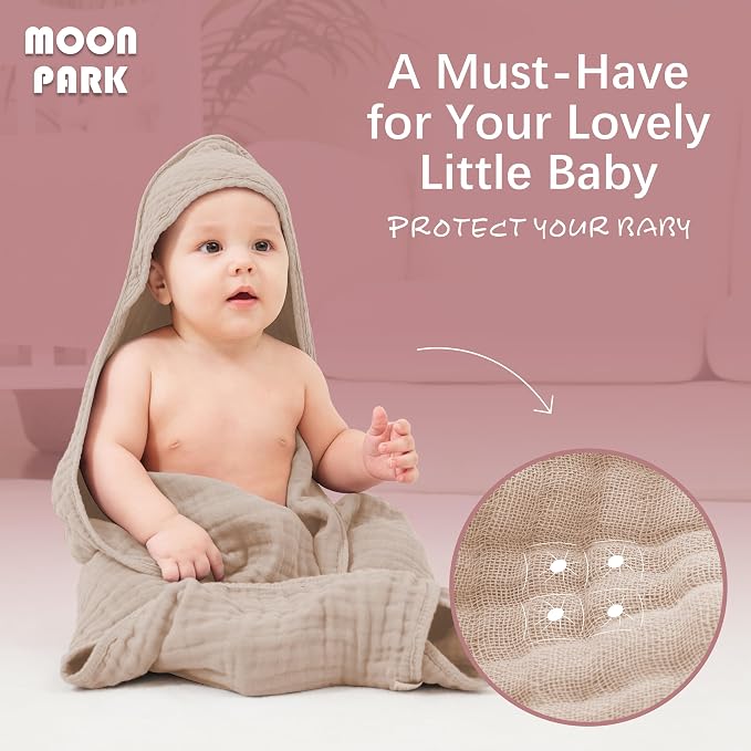 MOON PARK 2 Pack Muslin Hooded Baby Bath Towels for Newborns, Infants, Toddlers - 100% Cotton - Large 32x32Inch Size - Highly Absorbent and Essential, White and Brown