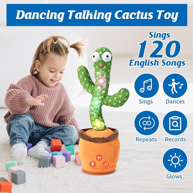 Rechargeable Baby Toys 3-6 6-12 12-18 Months Dancing Talking Cactus, Toddler Boys Girls Gifts for 2 3 4 5 6 7 8 9 10 Month Old Baby Toy Singing Mimicking Recording Repeating and 120 English Songs