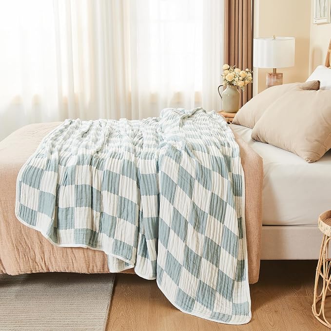 EMME Cooling Muslin Twin XL Blanket - Checkered Lightweight Summer Cotton Blankets of Rayon Derived from Bamboo for Hot Sleepers, Ultra Soft Breathable All Season Gauze