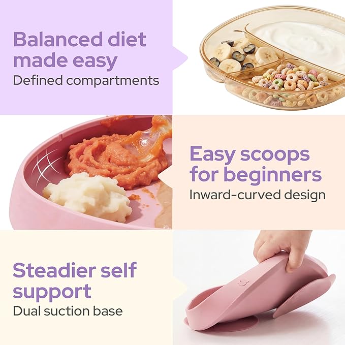 3-in-1 PPSU Baby Suction Plates with Spoon & Fork - Premium Bottle-Grade Silicone Divided Dishes, Stage-Based Self-Feeding Dinnerware 6M-3Y, BPA Free Odor & Stain Resistant, Microwave Dishwasher Safe