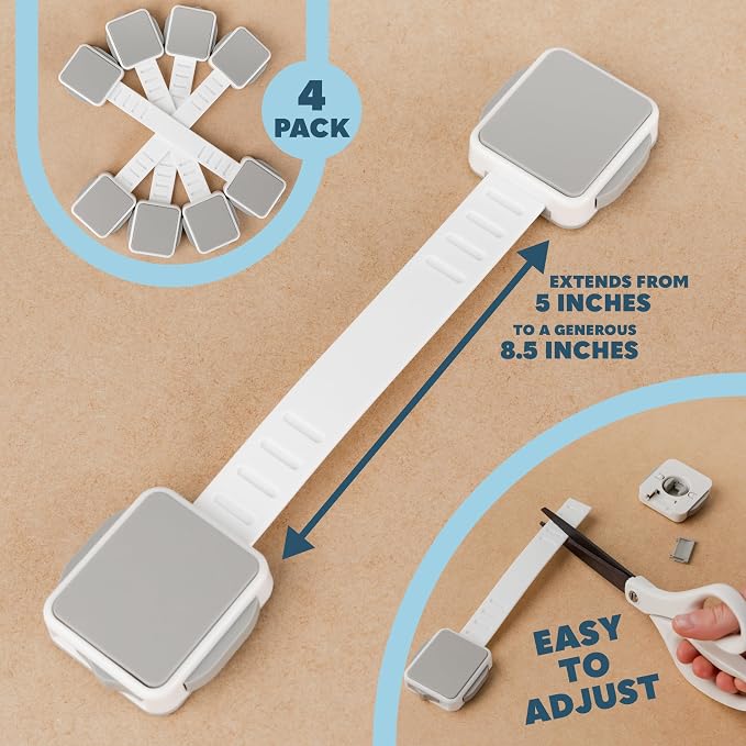Todays Kids Child Safety Locks 4-Pk. Child Locks for Cabinets & Drawers, Oven, Refrigerator, Toilet, Doors, Adjustable & Secure Baby Locks, Double Lock Option, Easy Install Cabinet Locks Baby Proofing