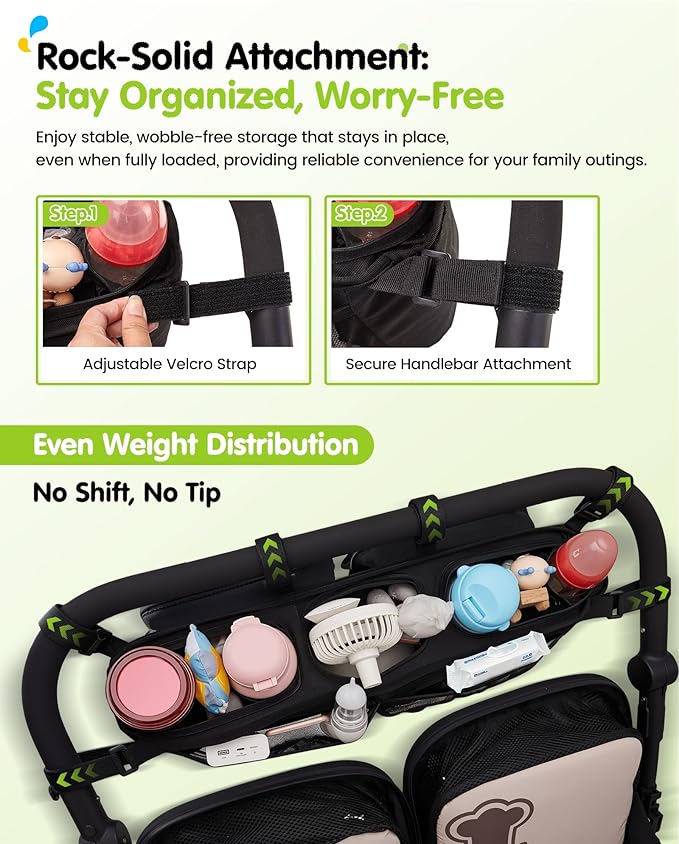 Double Stroller Organizer with 11 Compartment for Bob Duallie, Baby Jogger City Mini GT2, Double Jogging Stroller Caddy, Jeep, Zoe Stroller Accessories with 2 Insulated Pocket, Parent Console