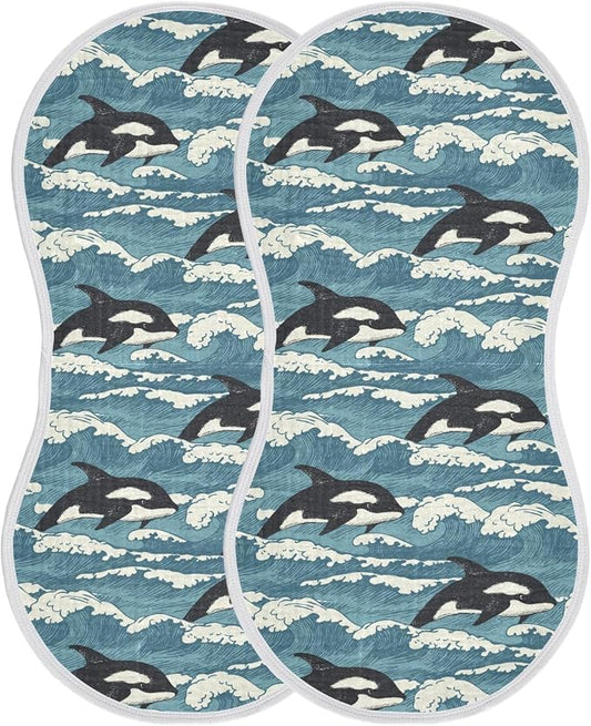 Muslin Burp Cloths for Baby Boys and Girls - 2-Pack Ultra Absorbent Killer Whale Orca Muslin Washcloths, Newborn Towel, Milk Spit Up Rags, Burp Cloth Bibs for Unisex, 22 x 11 Inch