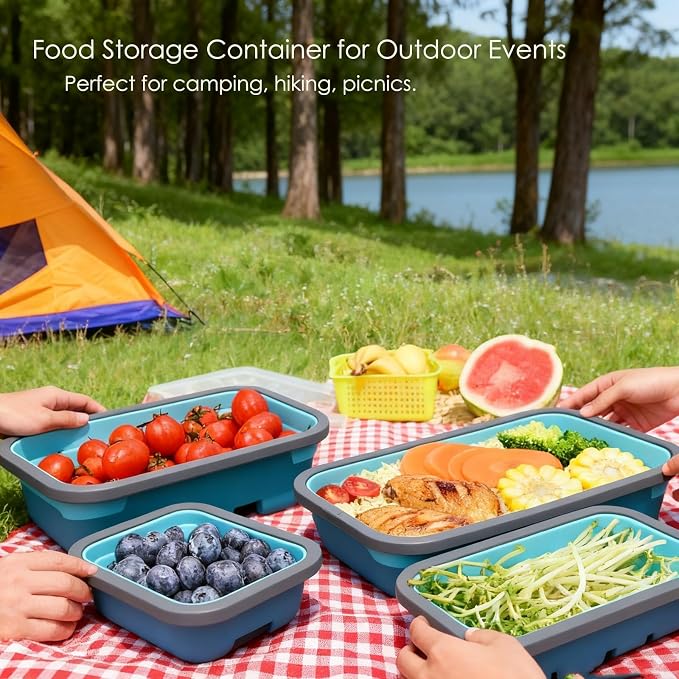 Collapsible Silicone Food Storage Containers: 4Pcs Reusable Foldable Snack Container with Airtight Lids, Freezer Microwave Safe Leakproof Food Containers for Kitchen Office Camping Picnic
