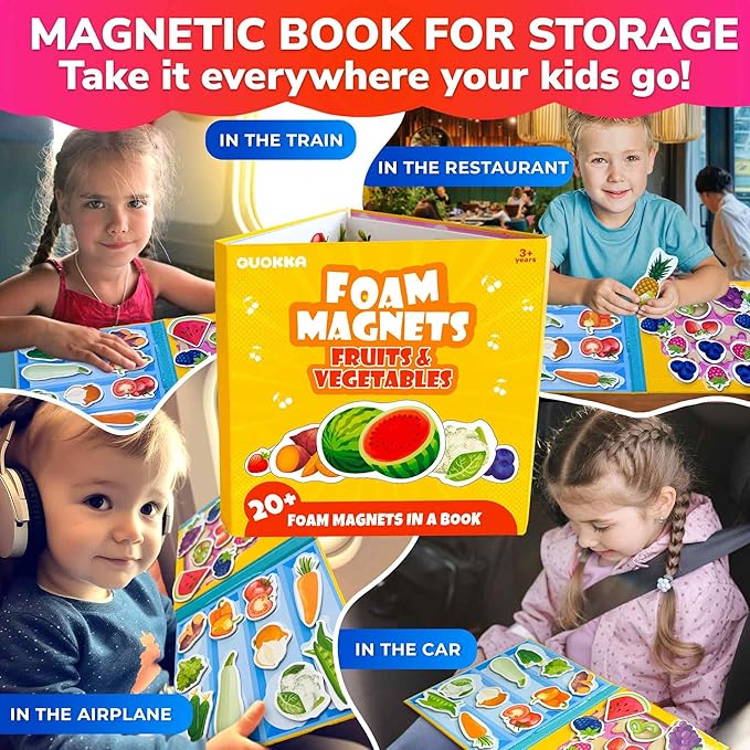 QUOKKA Travel Magnetic Puzzles for Toddlers 1-3 – 20+Pcs Fruits & Vegetables Game – Fun Travel Game Toy for Kids Ages 3-5 – Strong Magnets for Car Activities – Fun Toddler Puzzle Ages 2-4