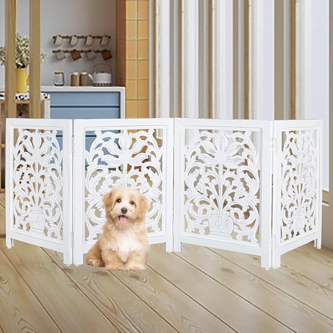 Lightnpro Foldable Carved Wooden Dog Gate 72 Inch - Pre Assembled Freestanding Indoor Pet Barrier for Home, Adjustable Dog Fence for Stairs, Doorways & Hallways - 24x18 Inch (4 Panels) Antique White
