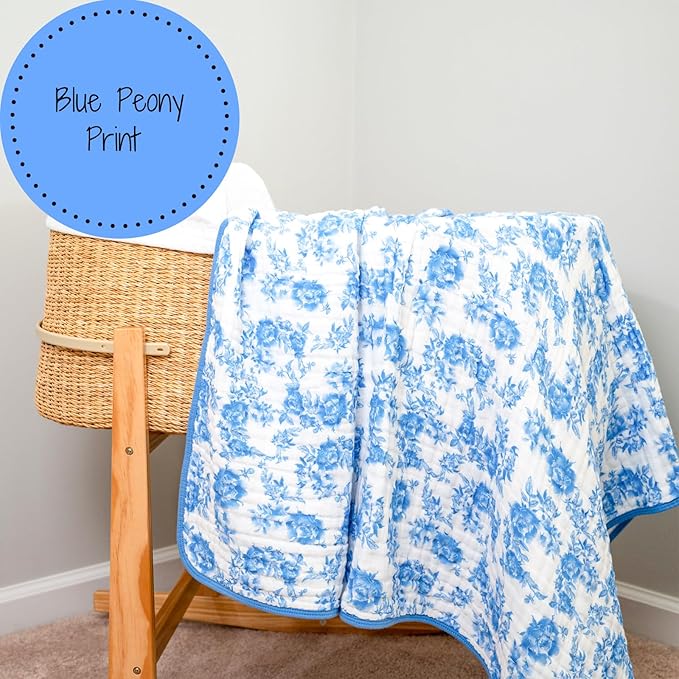 LollyBanks Muslin Baby Blanket, 100% Cotton and 6 Layers Soft Newborn Blanket for Girls, Large 47 x 47 Inches Versatile Crib Blanket, Cozy Muslin Quilt, Baby Essentials, Registry (Blue Peony Print)