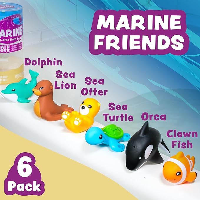 Tub Works® Marine??Mold Free Bath Toys, 6 Pack | Sealed, No Hole Bath Toys Design Keeps Moisture Out | Soft, Squeezable & Float on Water | Easy-Grip Baby & Toddler Bath Toy Set | Great Baby Pool Toys