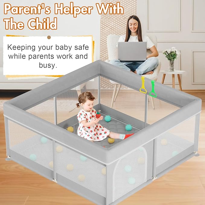 Omzer Baby Playpen with Mat 50x50inch: Large Playpen for Babies and Toddlers Indoor Safety Play Pen with Soft Breathable Mesh - All-Wrapped Sponge Sturdy Play Yard with Stable Magic Sticker