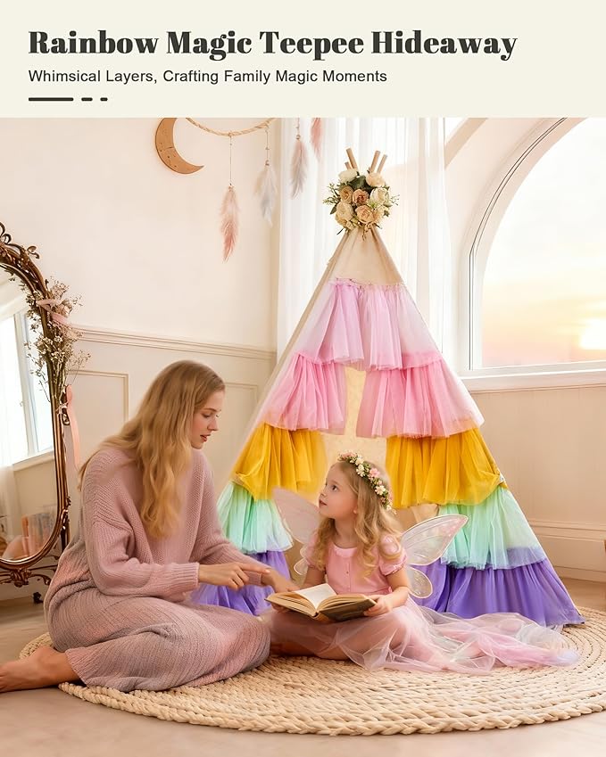 Hallo Deer Teepee Tent for Kids, Toddler Teepee with Star Lights & Rainbow Tulle, Girls Princess Play Tent, Foldable Kids Teepee Tent for Inside Playhouse Kid Toy Gift