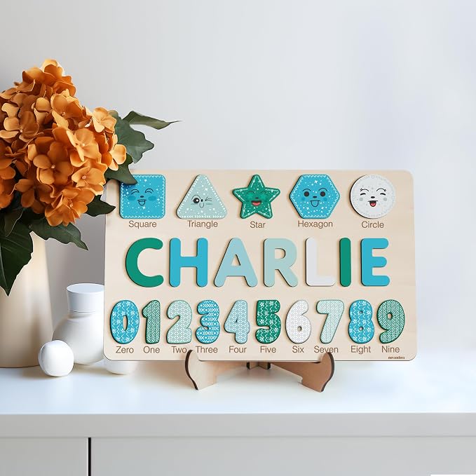 Personalized Wooden Name Puzzle with Numbers & Shapes for Toddlers 1-3 | 11 Color Themes | Montessori Learning Toy, Nursery Keepsake & Perfect 1st Birthday Gift