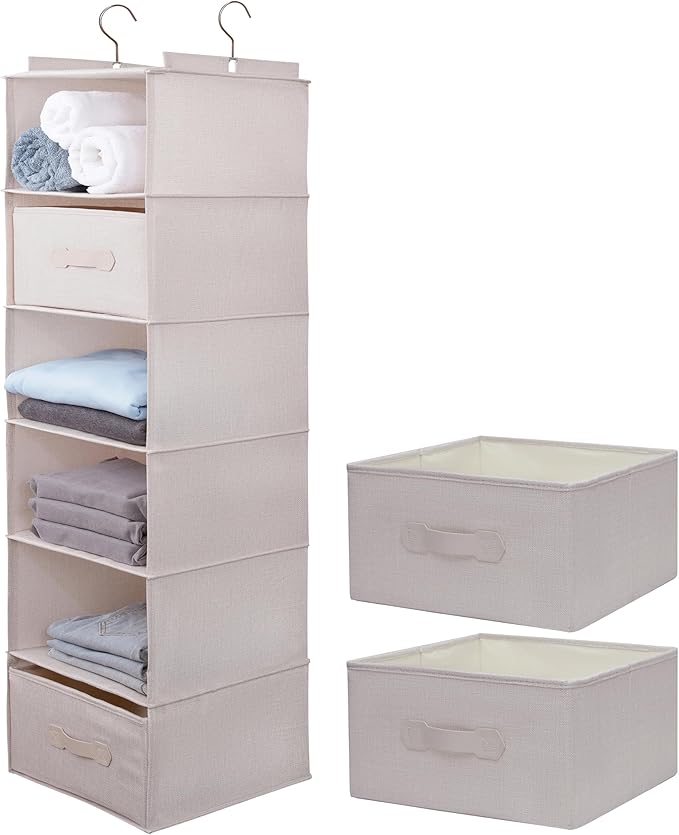 Large Hanging Sweater Organizer for Closet,Collapsible 6-Shelf Hanging Closet Shelves with Drawers, Washable (Beige -6 Shelf-2 d)