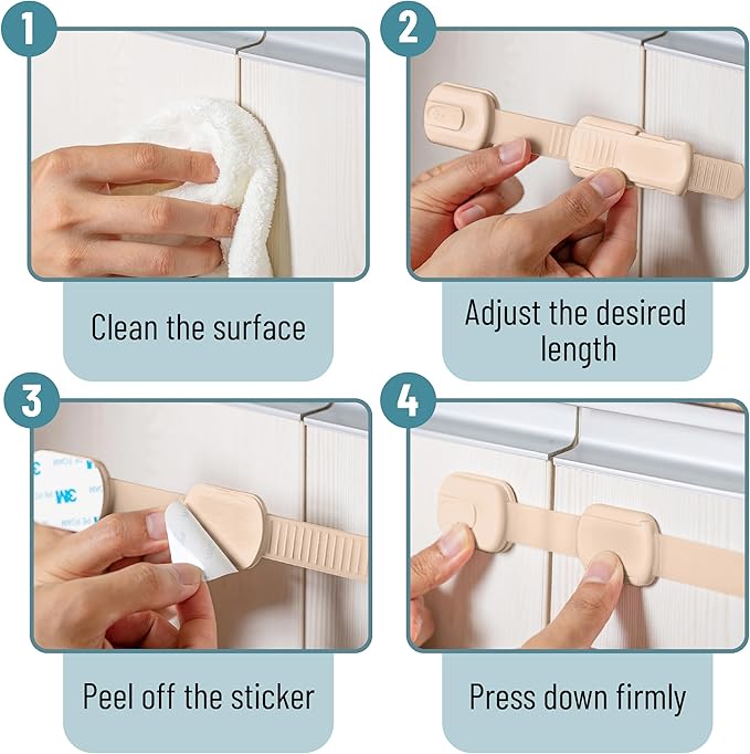 Bate- Child Safety Strap Locks, 10 Pack, Baby Locks for Cabinets, Drawers, Kitchen, Toilet, Furniture, Fridge, Multi-Purpose, Easy Install with Quick 3M Adhesive for Childproofing