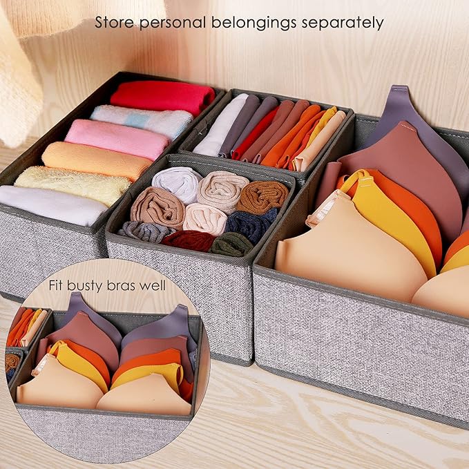 Criusia Foldable Underwear Drawer Organizer, Closet Dividers, Storage Box for Clothes, Socks (6 Bins, Gray)