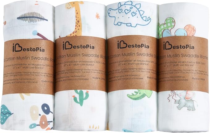 4-Pack Muslin Swaddle Blankets 47x47-100% Cotton Breathable Receiving Blankets for Newborn Baby, Soft Swaddling Wraps, Joyful Jungle Friends