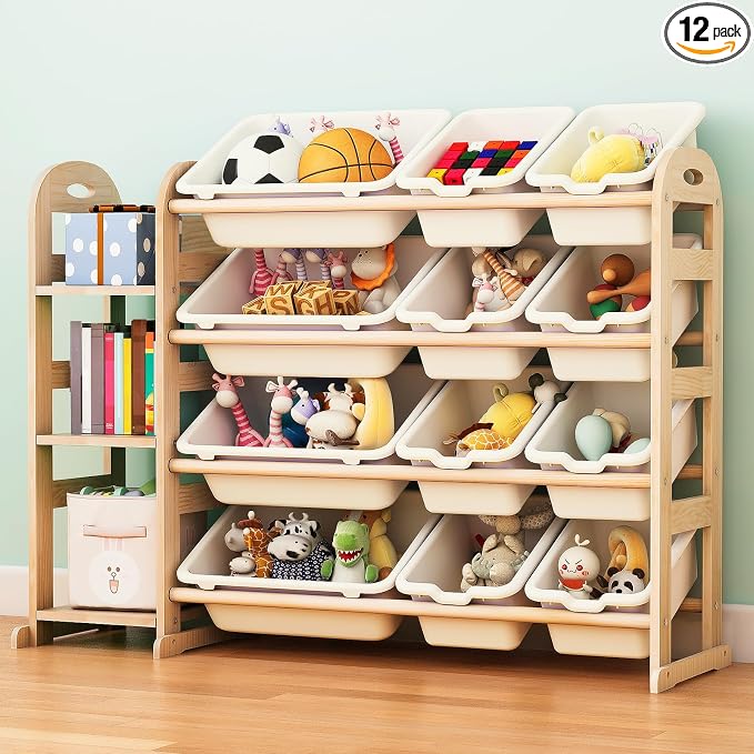 Toy Storage Organizer, Wooden Toy Organizers and Storage with Bookshelf, Toy Storage Shelf with 3 Shelves and 12 Storage Bins, Kids Bookshelf for Playroom, Nursery, Bedroom, Bookcase for Kids, White