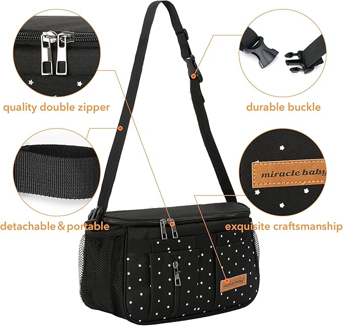 Miracle Baby Stroller Organizer Bag for Mom,Universal Stroller Storage Caddy Diaper Bag- Compatible with Most Stroller - Multifunctional Larg(Black Star)