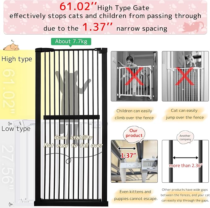 Lumizone Extra Tall Cat Gate 61.02" High Pressure Mounted Extra Wide 30.12"-38.38" (17Sizes) 1.37" Gap No Drilling Auto-Close Tall Pet Gate for Dogs (Black, 30.12"-38.38" W)