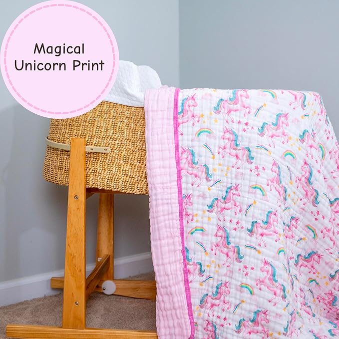LollyBanks Baby Blanket, 100% Organic Cotton Muslin Baby Quilt for Girls, Large 47 x 47 Inches, 6 Layers Soft and Breathable Toddler Blanket, Cozy Newborn Nursery Blankets, Registry (Unicorn Print)