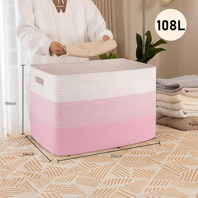 OIAHOMY 108L Super Large Blanket Basket For Living Room, 25?�x16?�x16??Rectangle Woven Baskets For Storage, Toy Storage with Handle - Pink&White