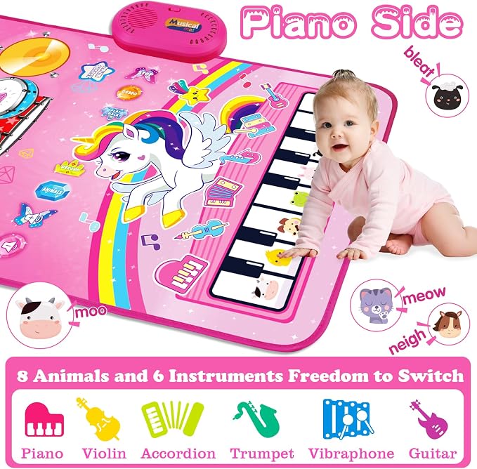 Toys for 1 Year Old Girl Gifts: Baby Music Mat Toddler Toys Age 1-2 - 3 in 1 Piano Drum Animal Touch Unicorn Toy - Infant Musical Toy 12-18 Months Babies Birthday Easter Gifts for 1 2 3 Year Old Girls