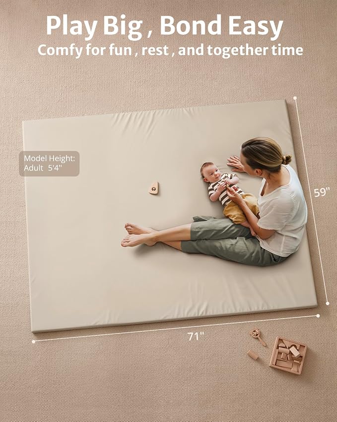 Blissful Diary Vegan Leather Baby Play Mat, 71x59 Thicken Foam Cushioned & Waterproof Playpen Mat for Infants and Toddlers, Stylish and Just Wipe-Clean Playmat for Baby Play on Floor, Beige