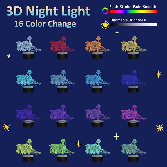 Attivolife Train 3D Gifts Lamp, Illusion Hologram Night Light with Timer Remote Control 16 Colors Changing, Kids Bedroom Decor Novelty Birthday Present for Train Model Collector Girl Boy Men