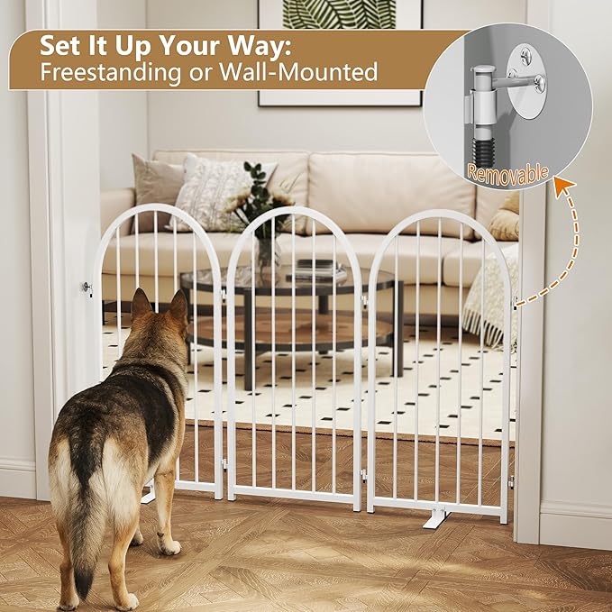 PUPETPO Full Metal Dog Gate with Door for Indoor Outdoor, 32" Tall Free Standing Pet Dog Fence, 108" Extra Wide Pet Gates for Stairs, Hallways, Doorways, Kitchen, Decks, Yards (White, 6 Panels)