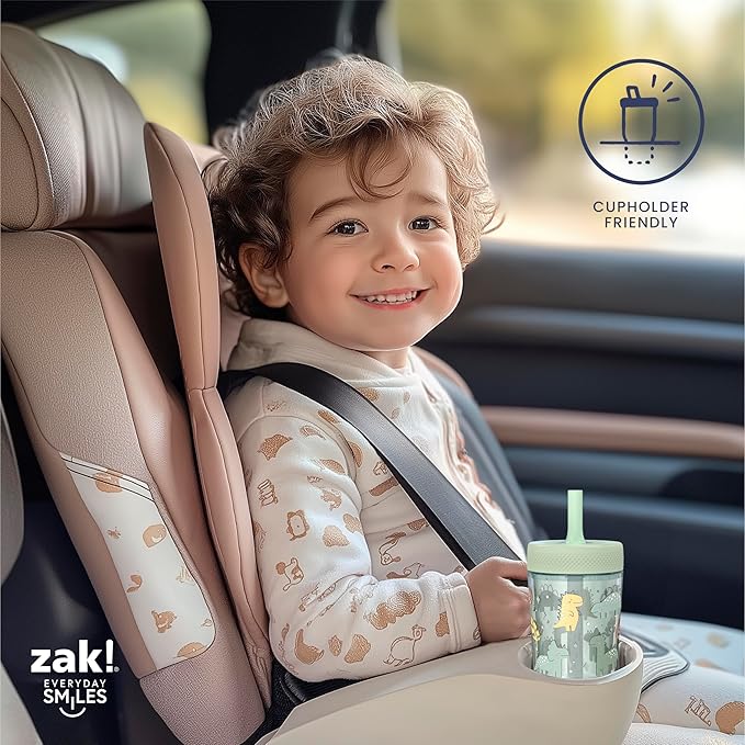 Zak Designs Capri Toddler Tumblers For Travel or At Home, 9oz 2-Pack Double Wall Plastic Sippy Cups With Leak-Proof Design is Perfect For Kids (Dino Buddies, Bubble Bay)