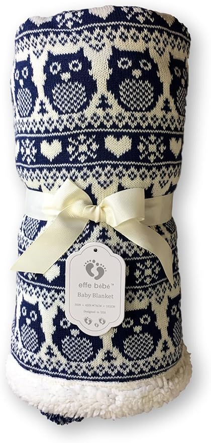 Snow Owl Cotton Knit Sherpa Baby Blanket 30?�x40??(Navy)