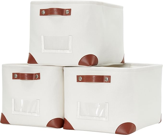 DECOMOMO White Storage Bins Fabric Storage Baskets for Shelves & Linen Closet Organization (Creamy White W/ Label holder, Large - 3 Pack)