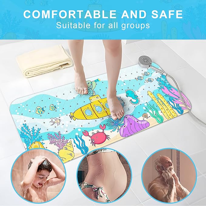Upgrade Cartoon Baby Bath Mat Non Slip -40"x16" Extra Long Bathtub Mat for Baby Eco Friendly Durable Bath Mat for Tub Non Slip Kids Tub Mat with Suction Cups, Machine Washable and No Fading, Submarine
