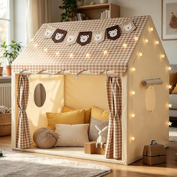 Kids Play Tent Indoor Outdoor Playhouse with Star Lights, Bunting Flags, Washable, Portable Carry Bag, Lattice Top, 47.2" x 39.3" x 52.2", Birthday Gift for Boys Girls